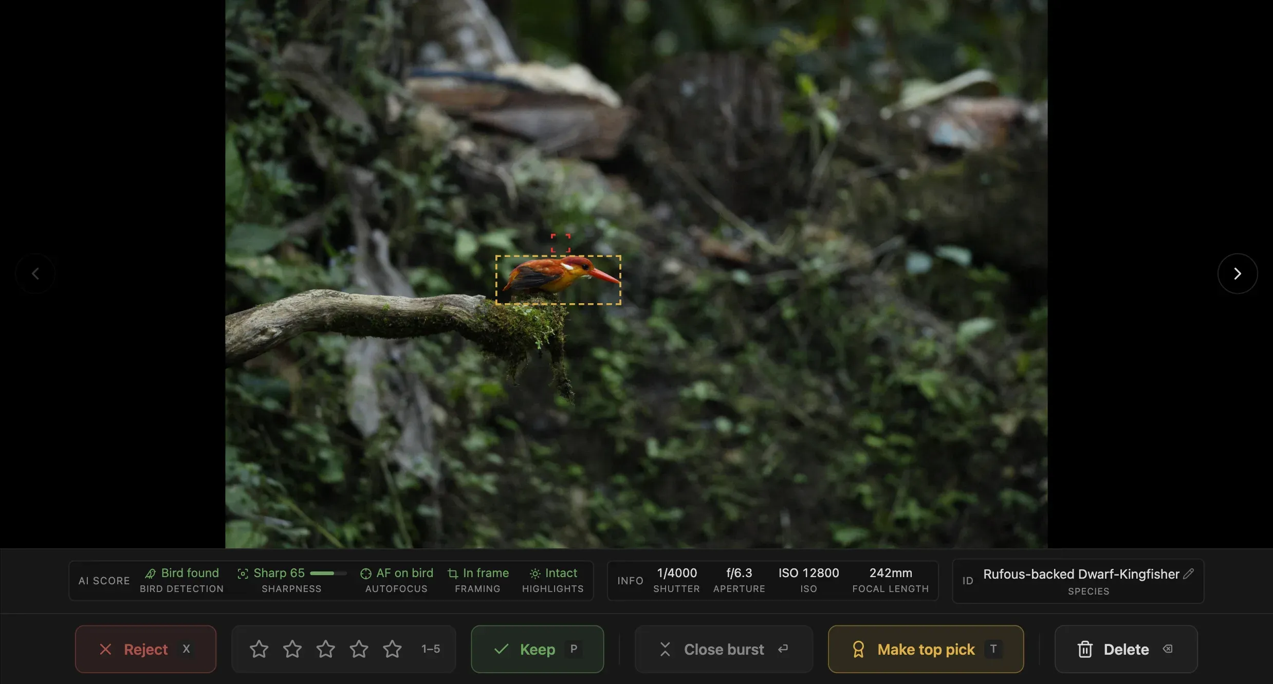 One by one view: a single photo full size, with its AI Score strip and Reject/Keep bar underneath.