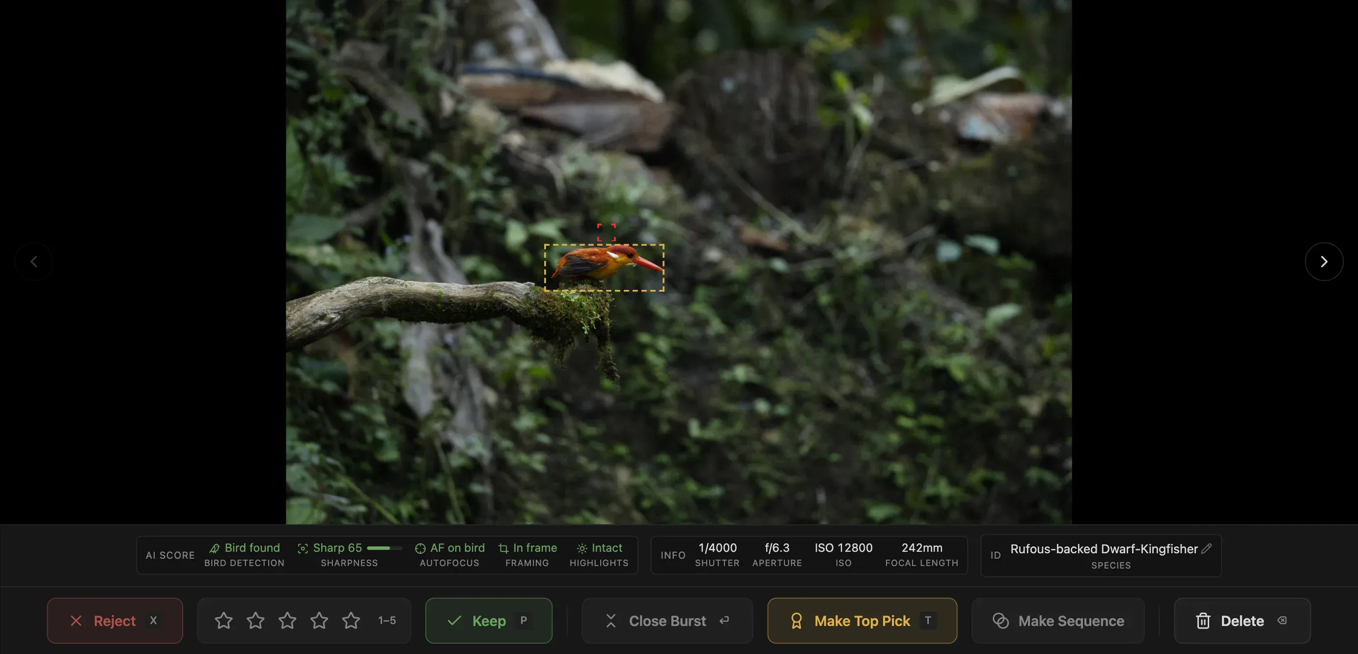 One by one view: a single photo full size, with its AI Score strip and Reject/Keep bar underneath.
