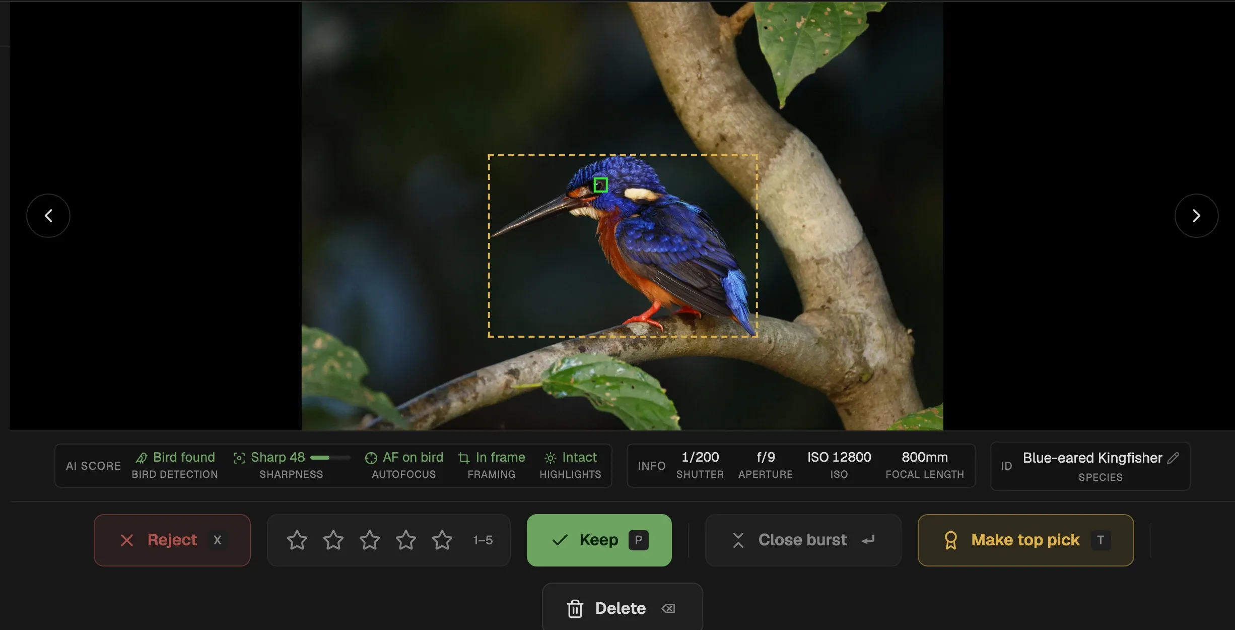One by one view: a single photo full size, with its AI Score strip and Reject/Keep bar underneath.