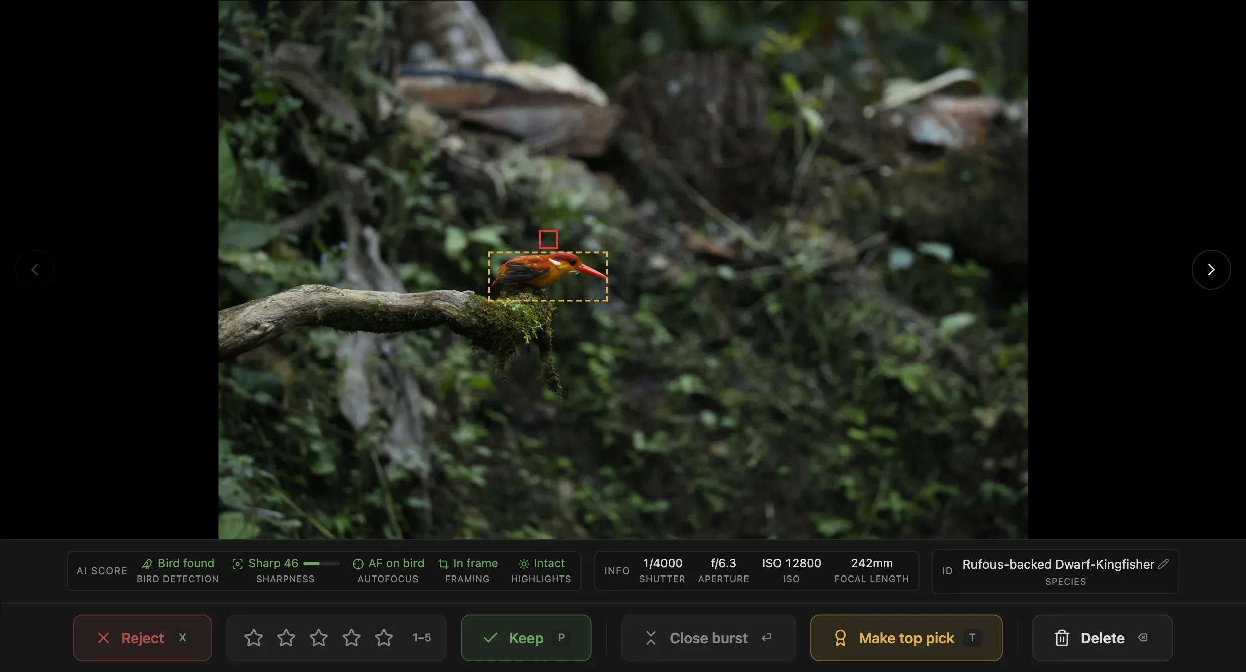 One by one view: a single photo full size, with its AI Score strip and Reject/Keep bar underneath.